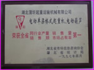 1997年全省起重機(jī)械設(shè)備銷量第一榮譽(yù)。